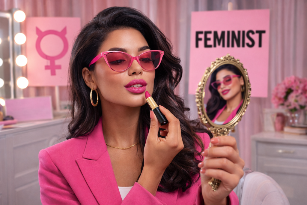 AI-generated concept for an imaginary character: a “feminist narcissist.” I’ll create it as a stylized, professional illustration