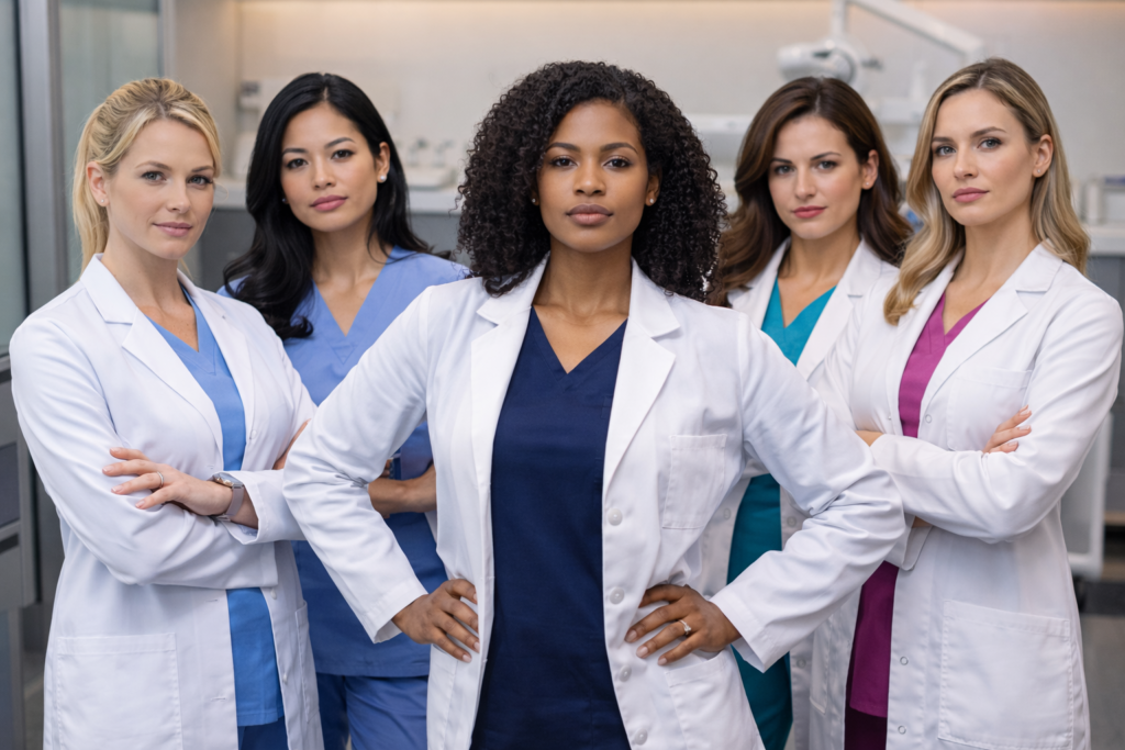 5 female dentists standing with authority - they are the bosses of the dental clinic sydney melbourne perth