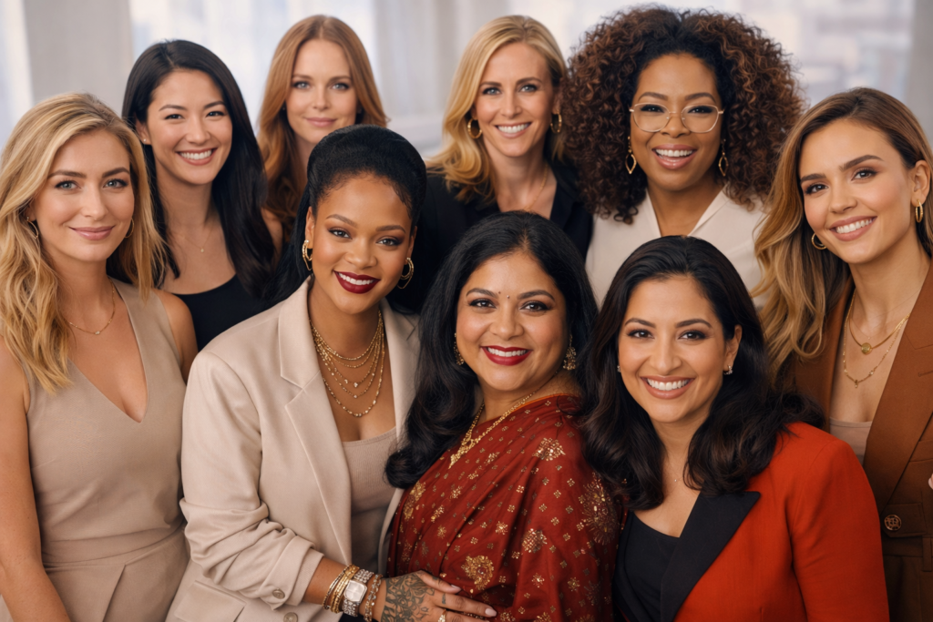 Whitney Wolfe Herd, Melanie Perkins, Rihanna (Robyn Fenty), Falguni Nayar, Sara Blakely, Reshma Saujani, Stella McCartney, Oprah Winfrey, Tory Burch, Jessica Alba ChatGPT AI image top ten feminist female entrepreneurs feminism sydney australia USA
