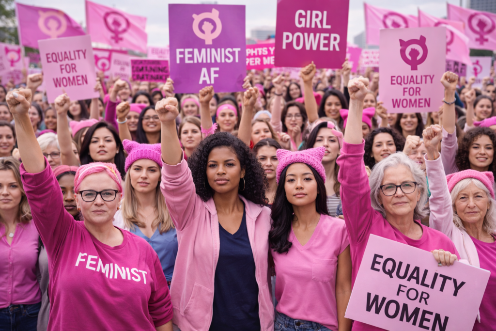 imaginary feminist event with large crowd of feminist-looking women of all ages by chatGPT Empowered women at a feminist rally